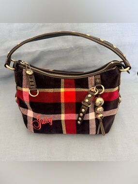 Vintage Juicy Couture Tartan Plaid Velour Hobo Bag — Gold Studded, Scottie Charm
